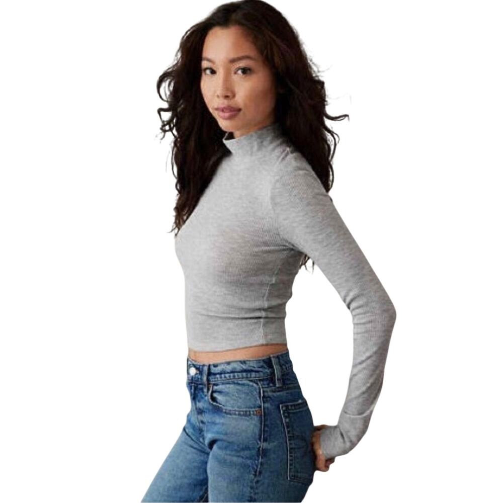 American Eagle Gray thermal cropped mock top, long sleeve, cotton, Size M